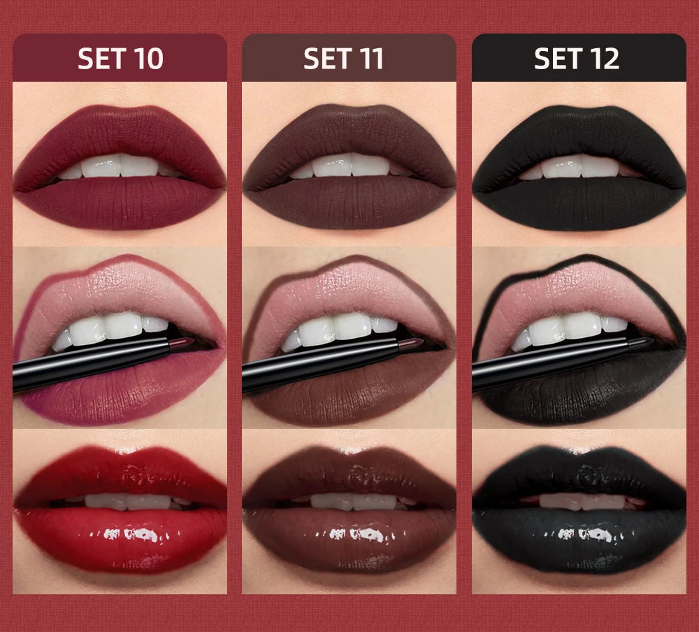QIBEST 3pcs/set Liquid Lipstick+Lip Liner Lasting Black Brown Purple Red Matte Lip Gloss Nude Lip Stain Tint Makeup Lip Pencil