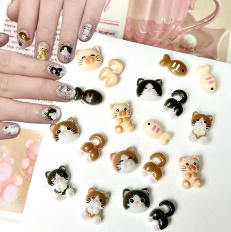20Pcs Cartoon Cute Cat Head Butt Nail Art Charms Luminous Painting Small Fish Cat Resin Nail Decorations for DIY Hairpin Nails