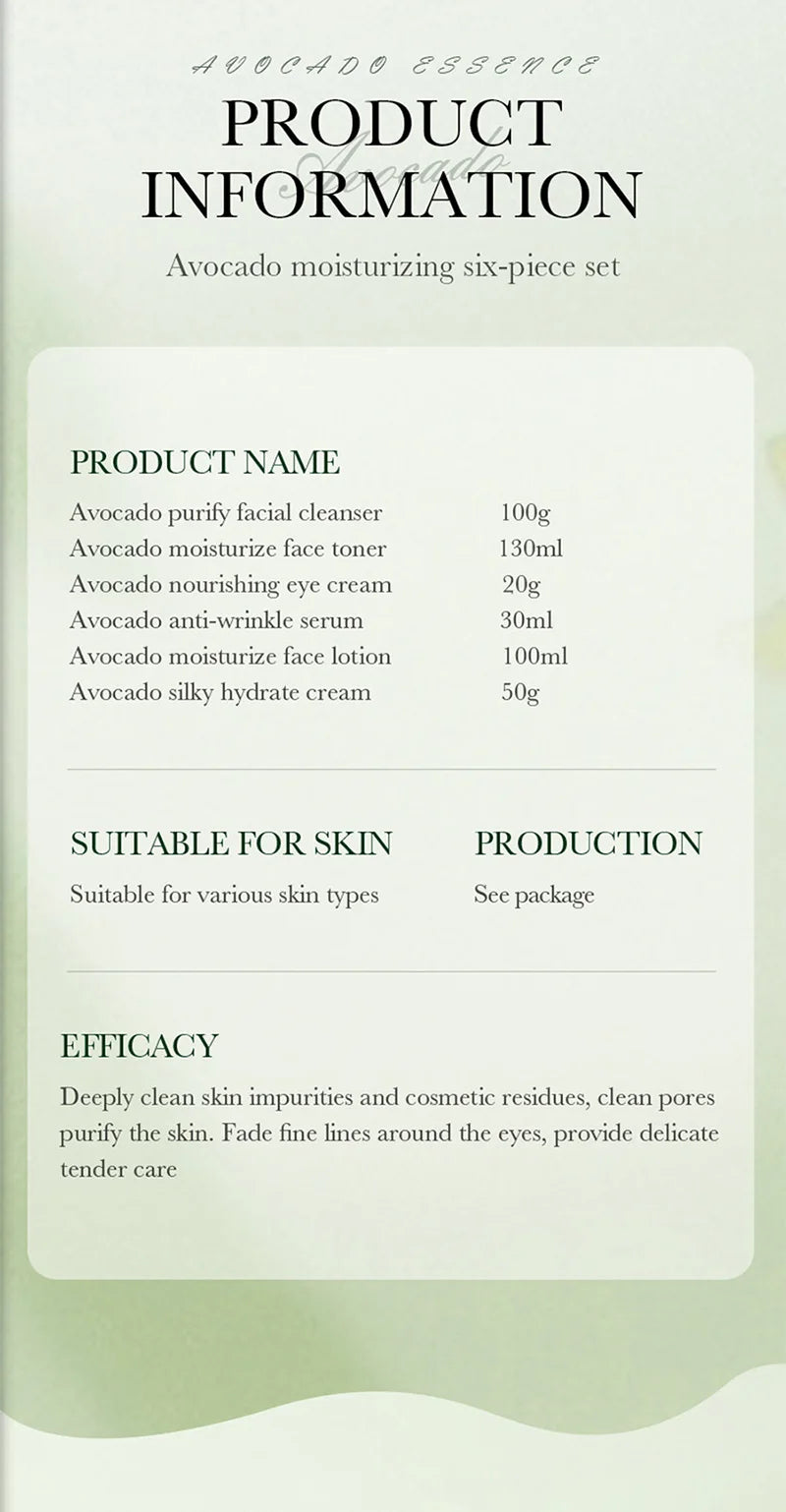 Avocado Skincare 6-Piece Set Includes Nourishing And Moisturizing Eye Cream, Face Cream, And Anti-Wrinkle Skincare Products.