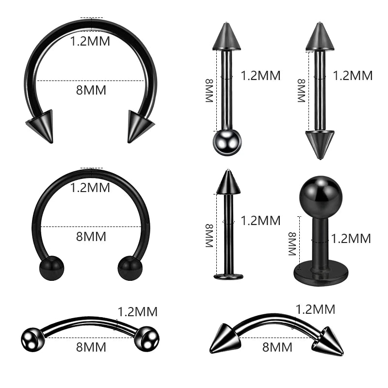 8PCS/Set Fashion Piercing Set Eyebrow Bar Lip Tongue Nose Pircing Stainless Steel Ear Studs Stainless Steel Mixed Body Jewelry