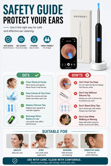 Visual Ear Wax Remover 1080P HD Camera USB-C Rechargeable Ear Cleaner IP67 Waterproof Otoscope with 6 LED Lights for Adults Kids