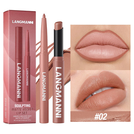2Pcs/Set Matte Lipstick Lip Liner Pencil Non-Stick Cup Long-Lasting Velvet Red Lipstick Pen Smooth Lipliner Waterproof Makeup