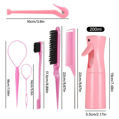 7pcs Hairdressing Tool Set Bristle Rat Tail Edge Comb Eyebrow Brush with Braiders Ponytail Creator Water Sprayer Styling Set