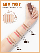 4-Piece Contour Stick Set with Highlighter, Blush & Bronzer Plus Golden Powder Brush - Waterproof Cream for All Tones, Shimmery.