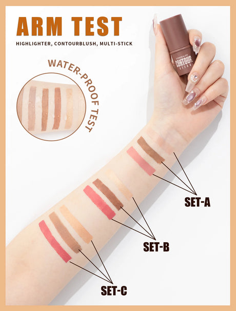 4-Piece Contour Stick Set with Highlighter, Blush & Bronzer Plus Golden Powder Brush - Waterproof Cream for All Tones, Shimmery.