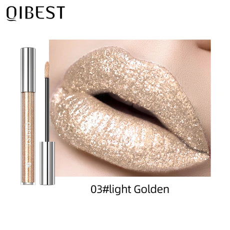 QIBEST Metallic Glitter Liquid Lipstick Makeup Waterproof Lip Gloss Long-lasting Shimmer Metal Diamond Lip Glaze Tint Charming