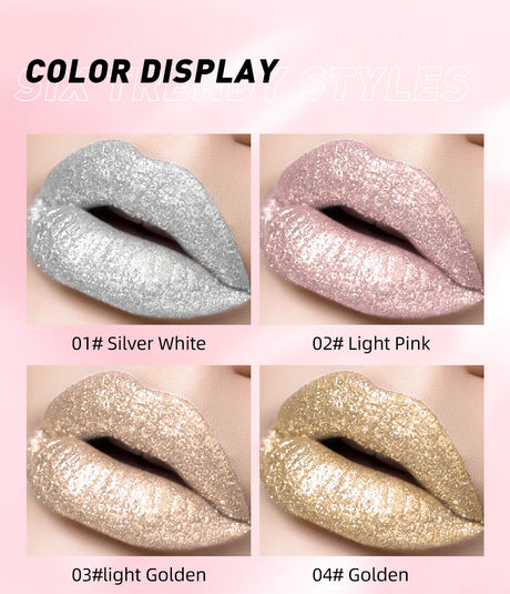 QIBEST Metallic Glitter Liquid Lipstick Makeup Waterproof Lip Gloss Long-lasting Shimmer Metal Diamond Lip Glaze Tint Charming
