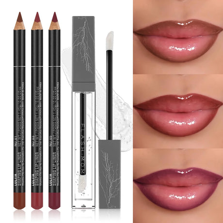 4-Pack Lip Liner and Lip Oil Set - Smooth Lip Liners for Defined Contours & Moisturizing Lip Oils for Luxurious Shine - Perfect