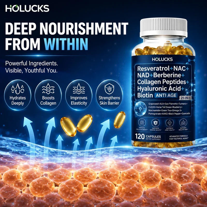 Resveratrol+NAC+NAD+Collagen Peptides+Hyaluronic Acid+Biotin Capsules, Boost Energy & Focus, Anti-Aging, Cellular Vitality
