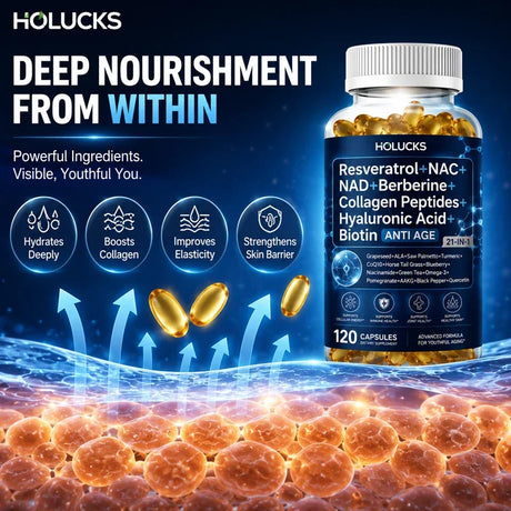 Resveratrol+NAC+NAD+Collagen Peptides+Hyaluronic Acid+Biotin Capsules, Boost Energy & Focus, Anti-Aging, Cellular Vitality