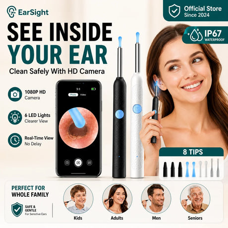 Visual Ear Wax Remover 1080P HD Camera USB-C Rechargeable Ear Cleaner IP67 Waterproof Otoscope with 6 LED Lights for Adults Kids