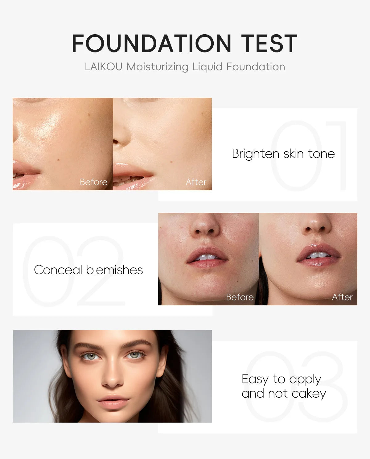 LAIKOU Liquid Foundation 3 Shades Waterproof Hydrating Full Coverage Long Lasting Natural Matte Face Makeup Base 30ml
