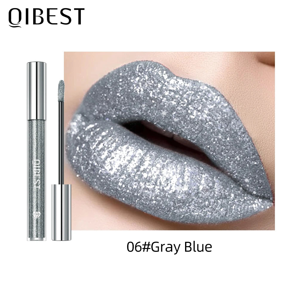 QIBEST Metallic Glitter Liquid Lipstick Makeup Waterproof Lip Gloss Long-lasting Shimmer Metal Diamond Lip Glaze Tint Charming