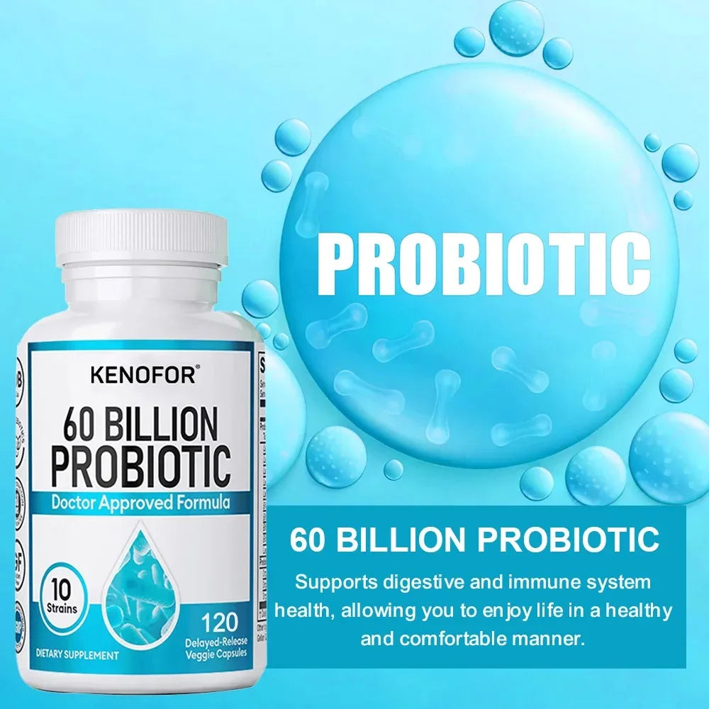 60 Billion CFU Probiotic Capsules with 10 Strains and Organic Prebiotic Fiber, Daily Digestive Wellness Supplement, 120 Count