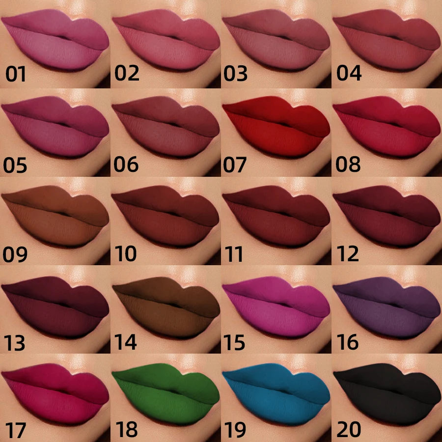 20 Colors Dark Brown Nude Liquid Lipsticks Waterproof Velvet Matte Lip Gloss Long Lasting Lip Glaze Beauty Red Lip Tint Makeup