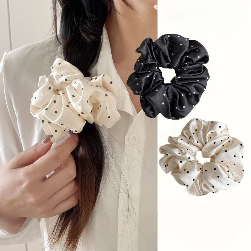 French Style Satin Hair Scrunchie Simple Black White Wave Point Designs Large Intestine Hair Loop Retro Gentle Elastic Hair Ties