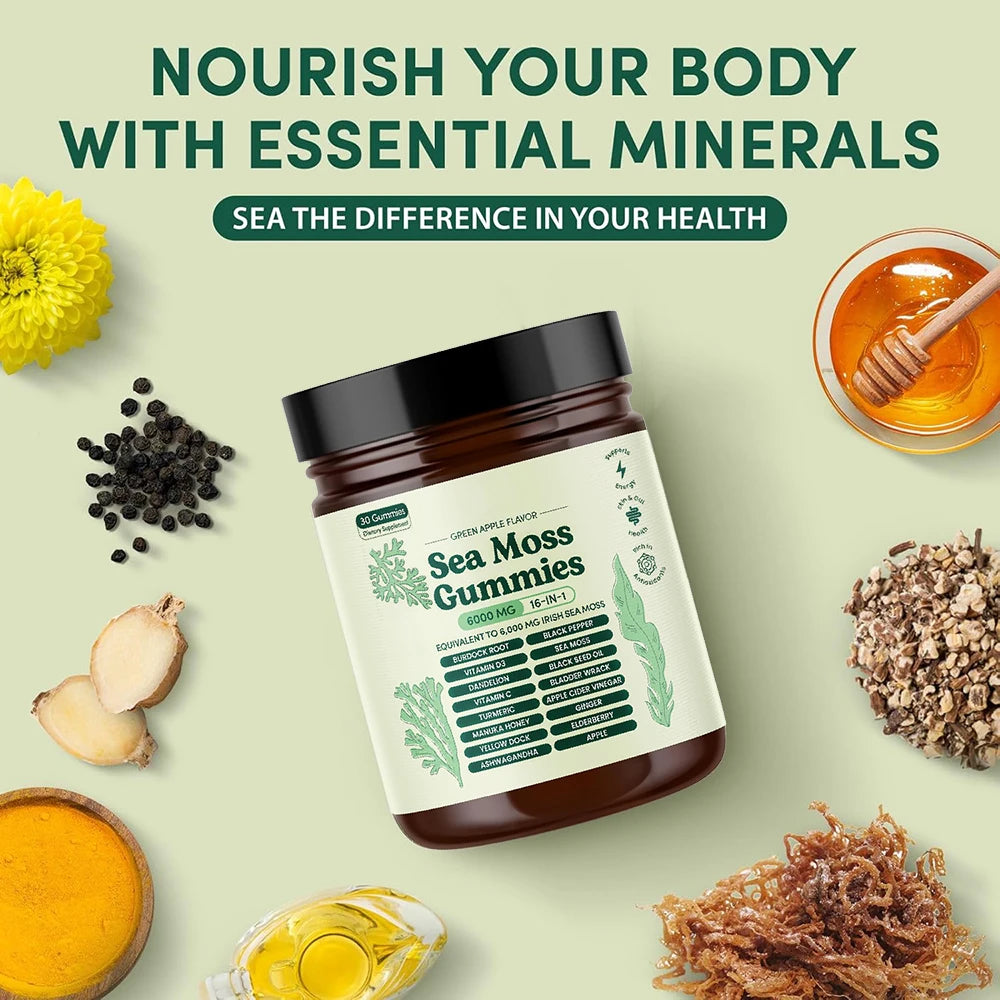 Sea Moss Gummies 16-in-1 Ashwagandha Black Seed Oil Bladder Wrack Turmeric Vitamin C D3 with Manuka Burdock Root Dandelion Apple