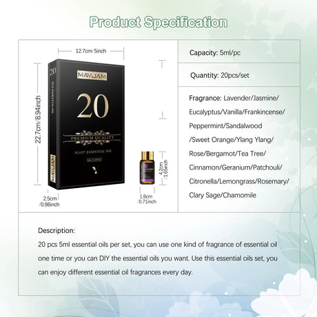 MAYJAM 20 Bottles Essential Oils Set for Humidifier Aroma Diffuser Lavender Jasmine Eucalyptus Vanilla Sandalwood Fragrance