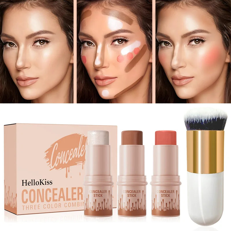 4pcs Set of Contour Stick, Highlight Stick, Blush Stick, Contour Brush, Shapes the Face Contour, Non-Greasy, Waterproof