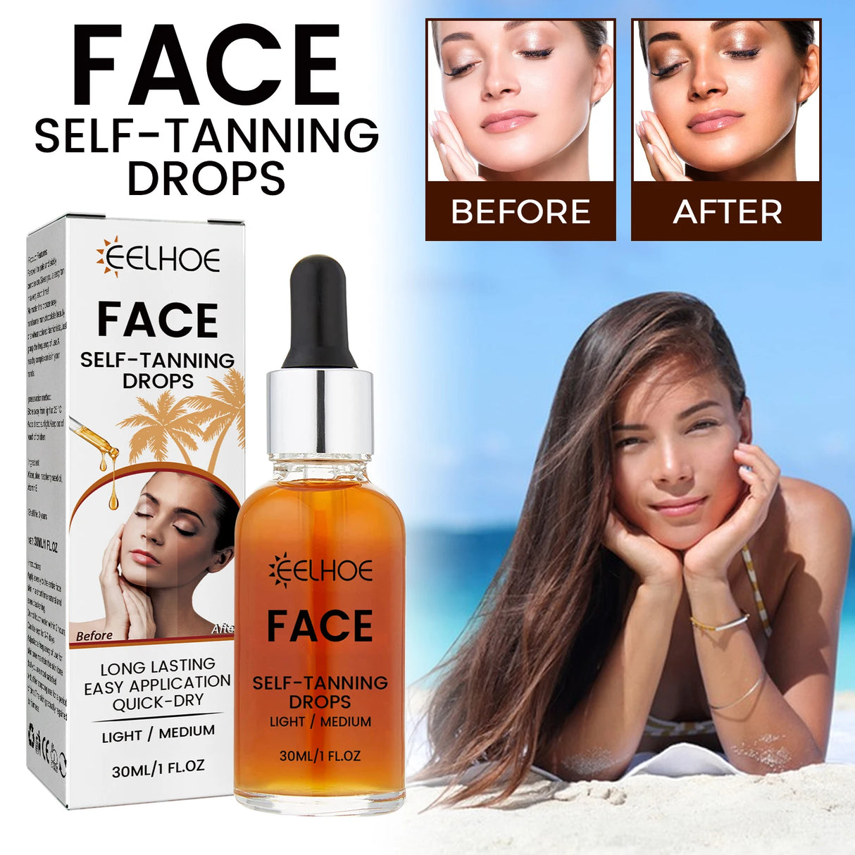 EELHOE Self Tanning Drops Sunless Skin Tanning Oil Liquid Dark Self Tanner Water Serum for Face Body Fake Indoor Tan Lotion 30ml