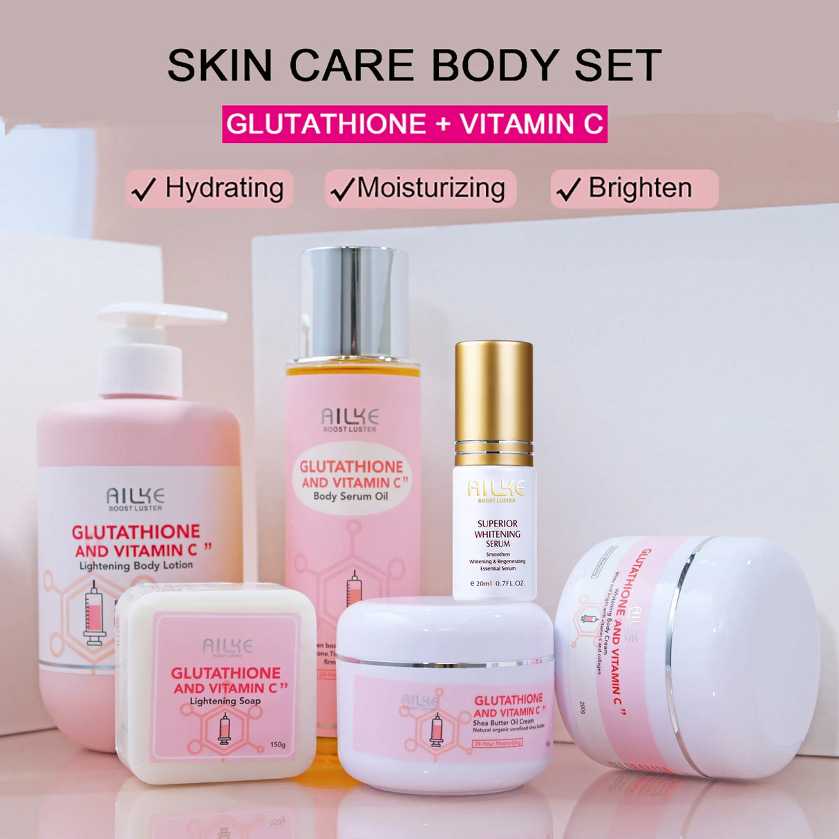 AILKE Glutathione & Vitamin C Kit, With Whitening Lotion, Moisturizing Cream, Lightening Soap, Spa Oil, Glowing Body Cream