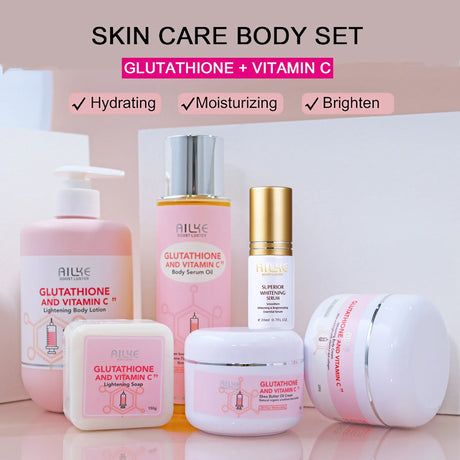 AILKE Glutathione & Vitamin C Kit, With Whitening Lotion, Moisturizing Cream, Lightening Soap, Spa Oil, Glowing Body Cream