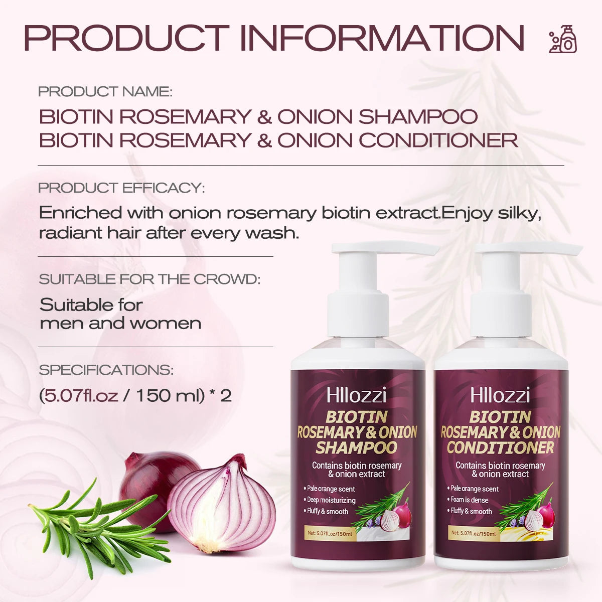 Biotin Rosemary & Onion Hair Care Set – Shampoo + Conditioner, Strengthen & Nourish, 2pcs/Set