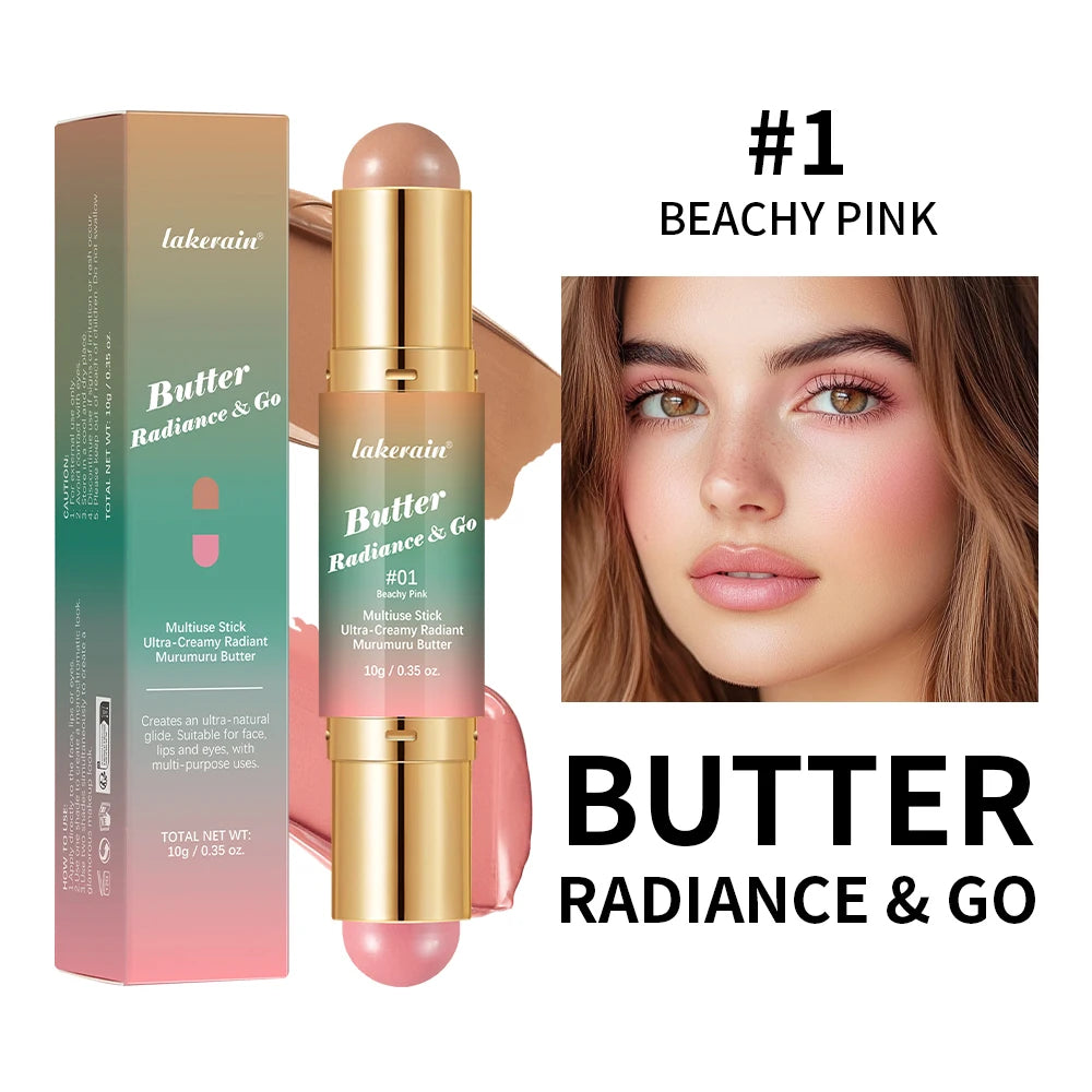 Butter Glow & Go Multiuse Stick Double-Headed Bronzer Blush Stick for Cheeks Contours Light Glossy Bronze&Pink Blusher Cosmetics