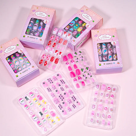 120Pcs Children's Press on Nails Kids Cartoon Acrylic Fake Nails Tips Kawaii Girl Full Cover Short False Nails With Jelly Glue#@