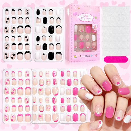 120Pcs Children's Press on Nails Kids Cartoon Acrylic Fake Nails Tips Kawaii Girl Full Cover Short False Nails With Jelly Glue#@