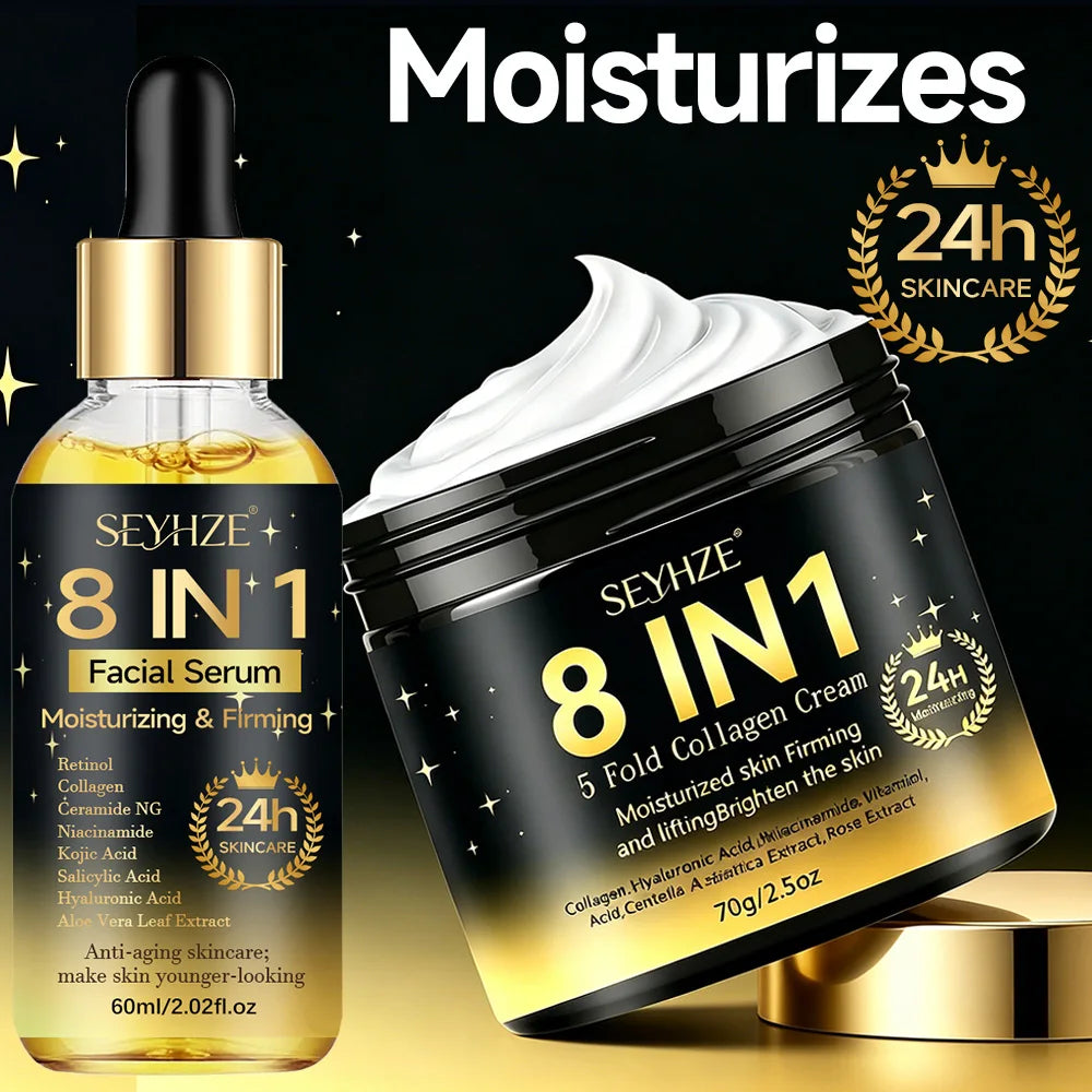SEYHZE 8in1 Hydrating Facial Serum & Tightening Cream Set 2pcs Skincare Kit with Niacinamide Collagen Ceramides Aloe + Snow Aloe