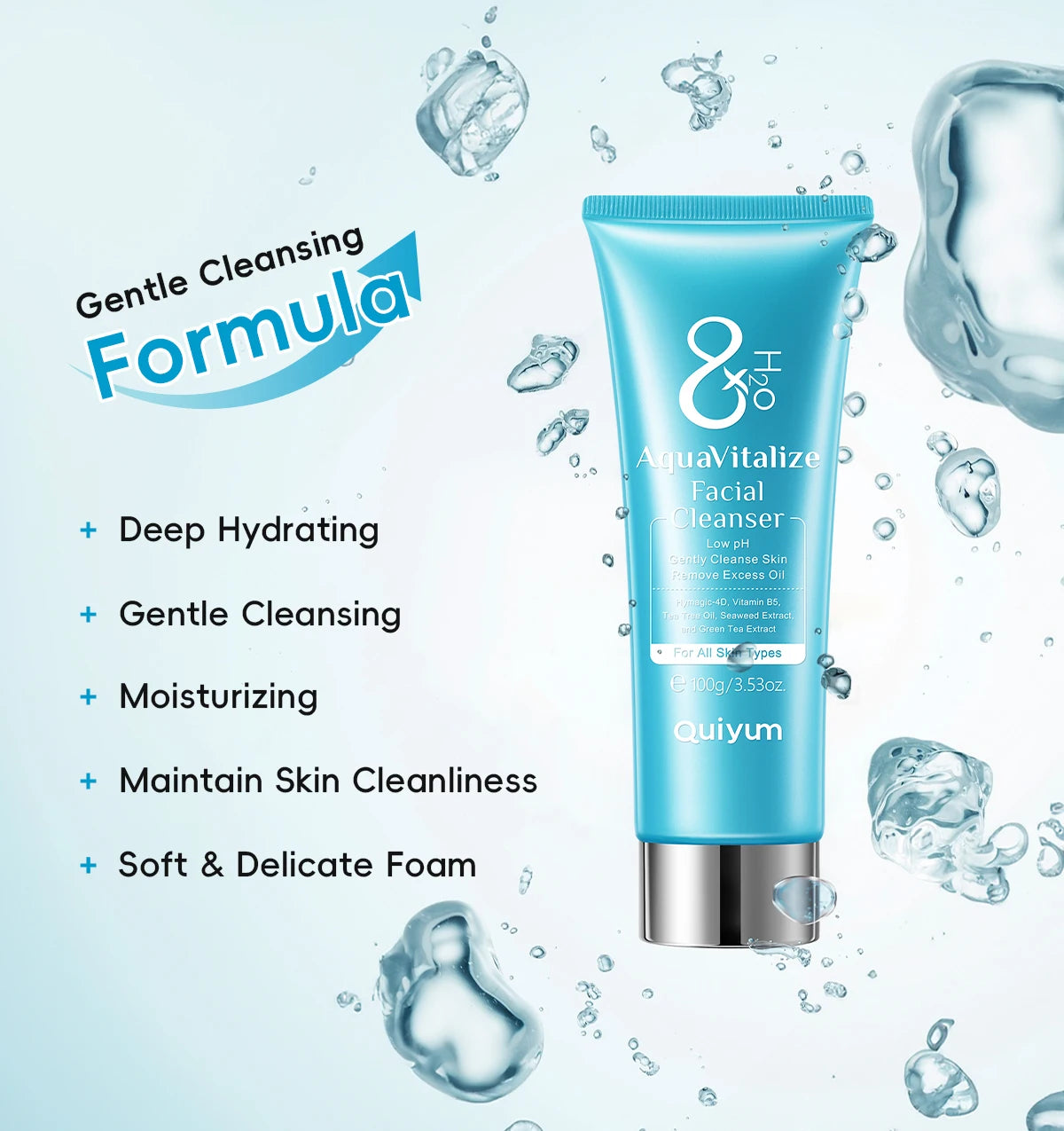 Quiyum 8X H2O AquaVitalize Facial Cleanser 100g Gentle Daily Cleansing Oil Control Refreshing Face Wash for All Skin Types