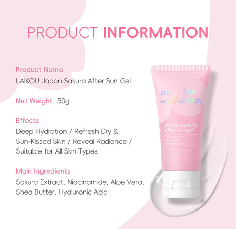 LAIKOU Japan Sakura After Sun Gel 50g 96% Aloe Vera Soothing Sunburn Care Deep Moisturizing
