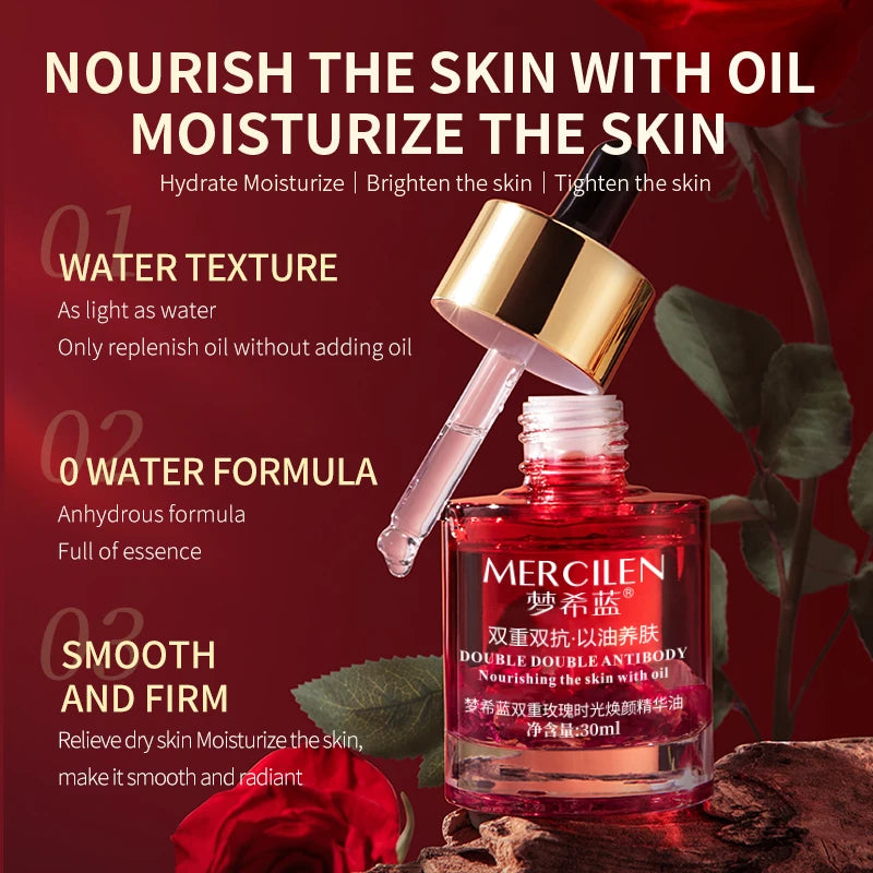 Mercilen Double Rose Time Revitalizing Essence Oil 30ml, Moisturizes, Nourishes, and Firms the Skin, Daily Facial Skin Care Essence, Makes Skin Look Younger, Contains Rose Essential Oil and Plant-Based Squalane, Suitable for