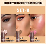 4-Piece Contour Stick Set with Highlighter, Blush & Bronzer Plus Golden Powder Brush - Waterproof Cream for All Tones, Shimmery.
