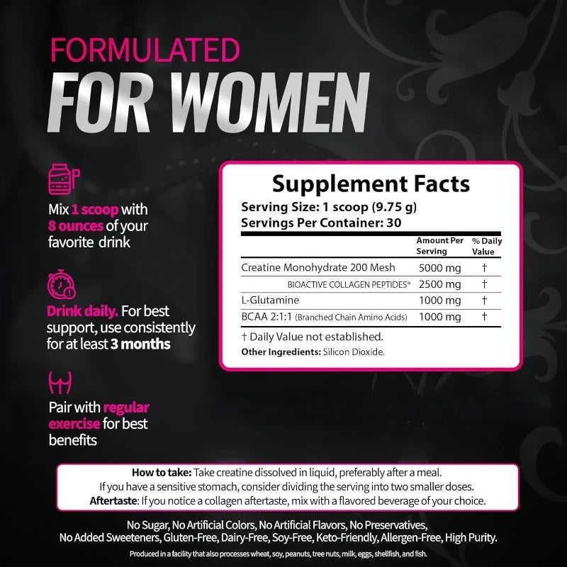 Creatine Powder for Women Booty Builder with Collagen Peptides BCAA L-Glutamine Unflavored Post-Workout Recovery Elasticity