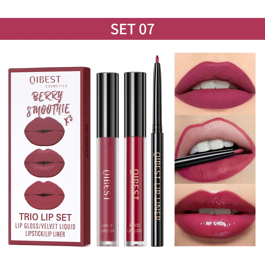 QIBEST 3pcs/set Liquid Lipstick+Lip Liner Lasting Black Brown Purple Red Matte Lip Gloss Nude Lip Stain Tint Makeup Lip Pencil