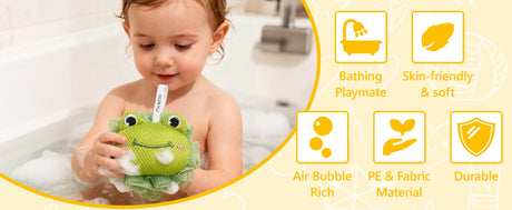 Kids Loofah, Cute Cartoon Animal Kids Bath Sponge with Hanging Rope, Soft Double Mesh for Rich Lather