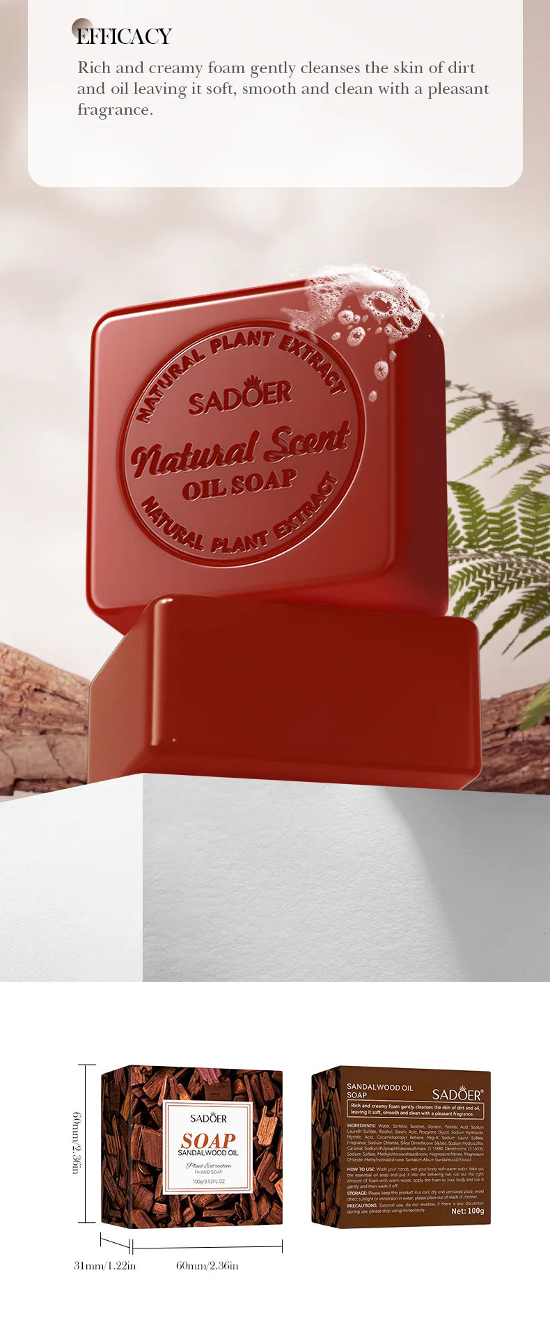 Sandalwood Handmade Soap for Women Deep Cleansing Body Whitening Essential Oil Shaving Soap Skin Lightening Foam Cleaner