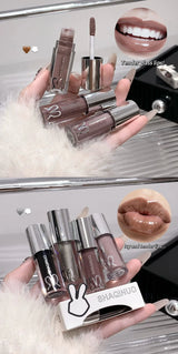 SHAQINUO Water Light Mirror Lip Gloss Lasting Moisturizing Cool Black Silver Gray Pearlescent Fine Sparkling Lipstick Lip Oil