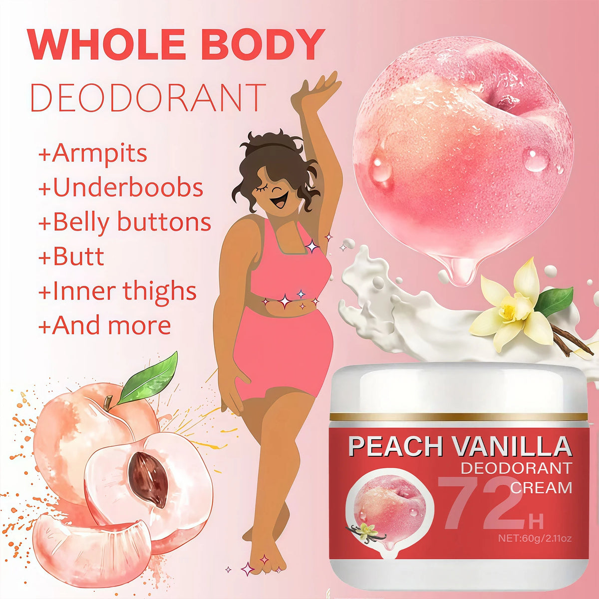 Peach Deodorant Underarm Cream - 72-Hour Long-Lasting Freshness, Floral Fragrance, Long-Lasting Odor Control - Gentle on Skin, Powerful Anti-Sweat