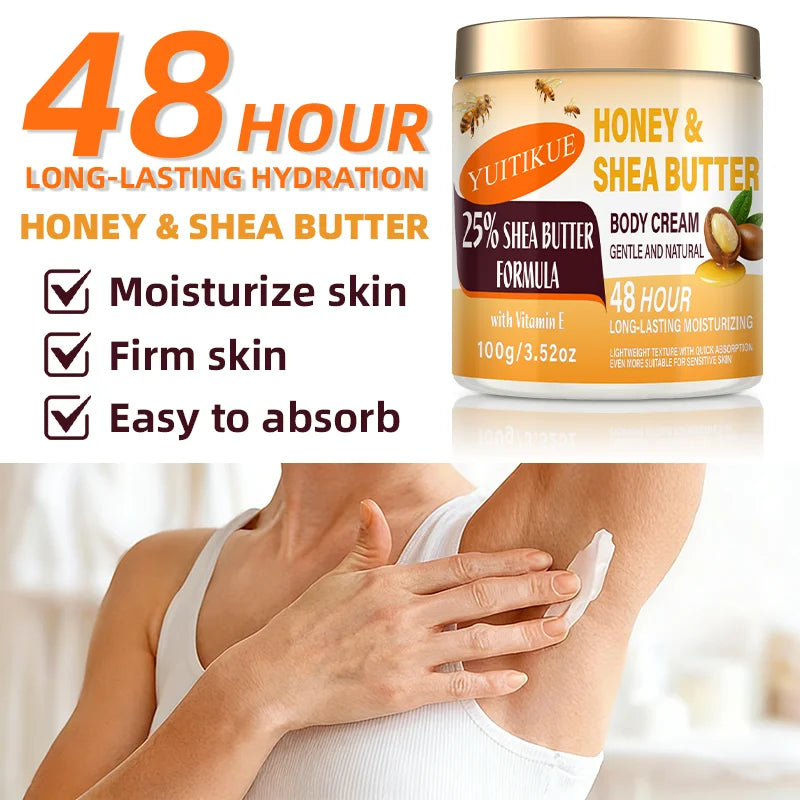 YUITIKUE Honey Shea Butter Body Cream 100g 48H Long Lasting Hydrating Lotion with Vitamin E for Dry Sensitive Skin