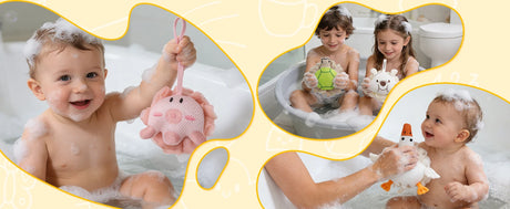 Kids Loofah, Cute Cartoon Animal Kids Bath Sponge with Hanging Rope, Soft Double Mesh for Rich Lather