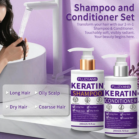 Keratin Shampoo and Conditioner Set, Professional Repairing & Smoothing Treatment for Dry Damaged Hair Anti-Frizz Hydrating Gift