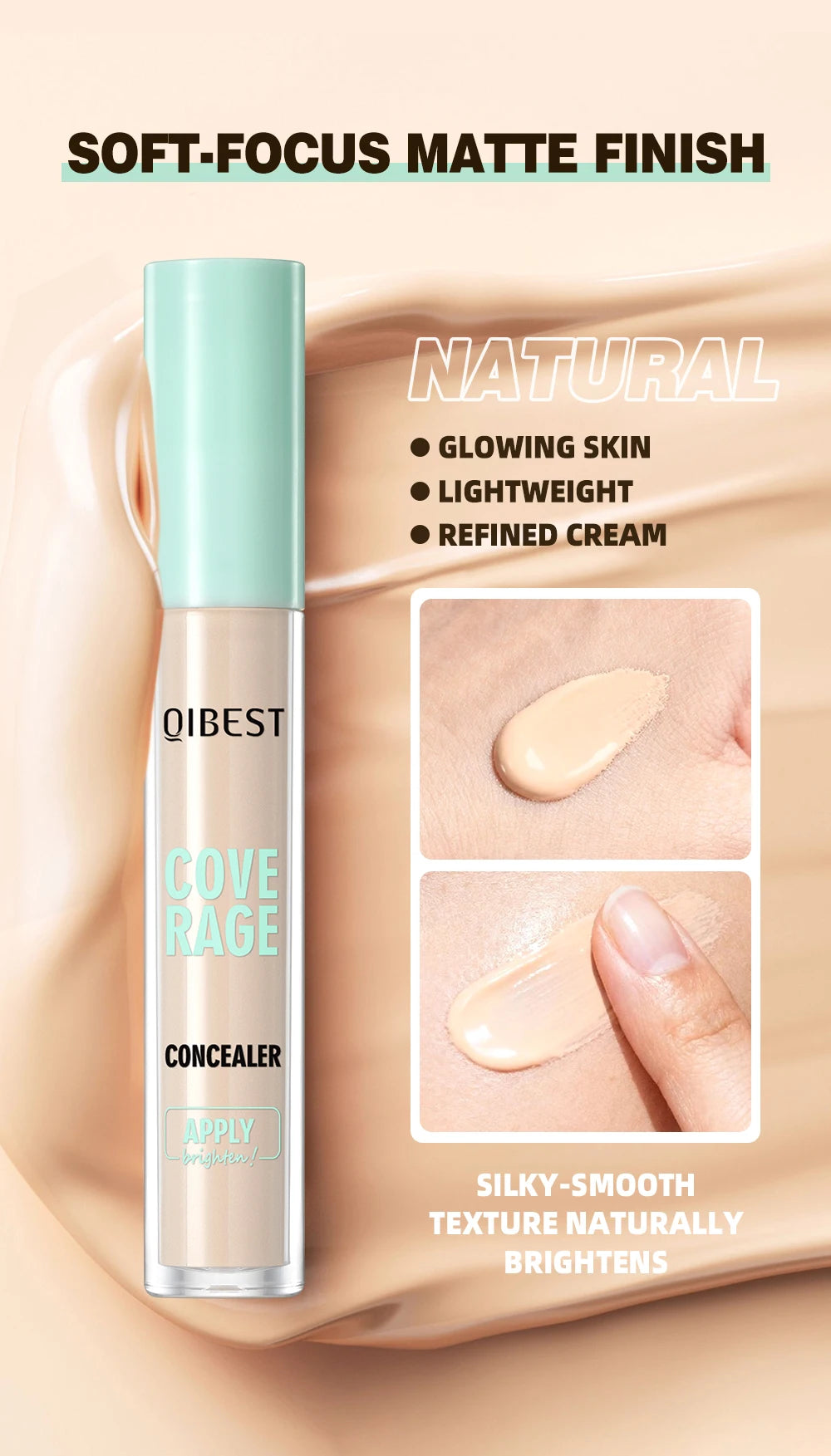 QIBEST 3D Full Coverage Concealer Long Lasting Liquid Concealer For Dark Circles Natural Finish Seamless Blend Under Eye Makeup