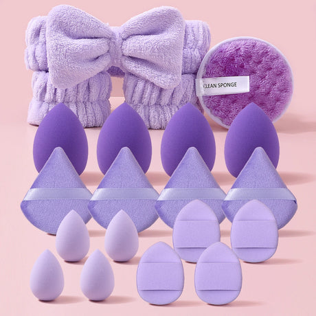20PCS Purple Makeup&Skincare Tool Set,Mixed Makeup Sponges,Facial Cleansing Sponge,Headband&Wristbands,Flawless Base Makeup