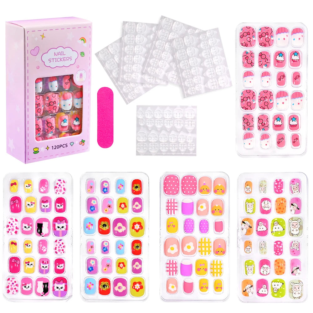120Pcs Children's Press on Nails Kids Cartoon Acrylic Fake Nails Tips Kawaii Girl Full Cover Short False Nails With Jelly Glue#@