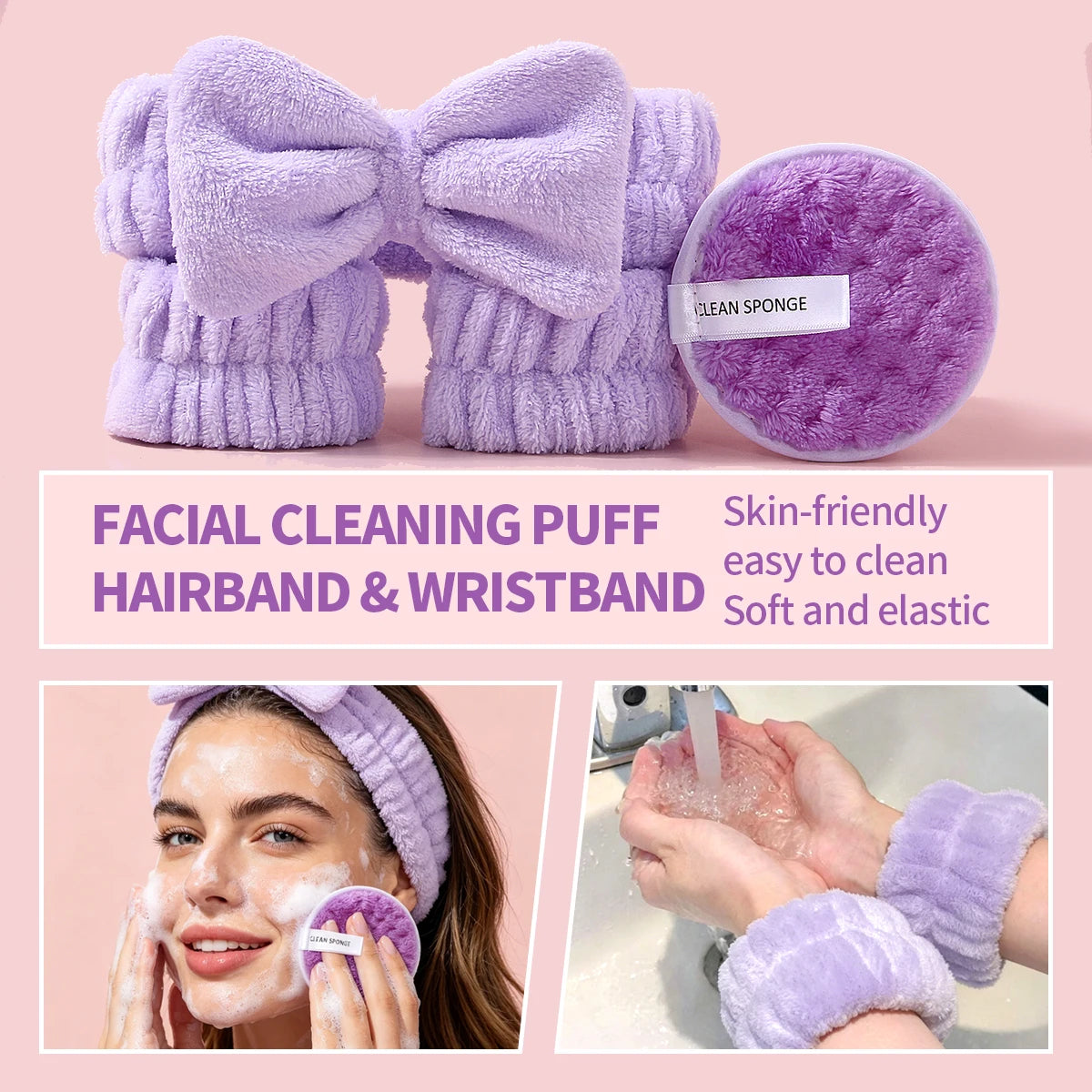 20PCS Purple Makeup&Skincare Tool Set,Mixed Makeup Sponges,Facial Cleansing Sponge,Headband&Wristbands,Flawless Base Makeup