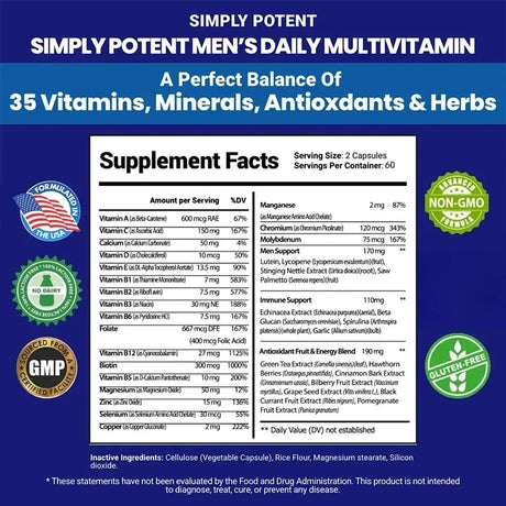 Daily Multivitamin for Men, for Prostate Energy Concentration Metabolism Immunity Vitamins: A C D E (B1 B2 B3 B5 B6 B7 B9 B12)