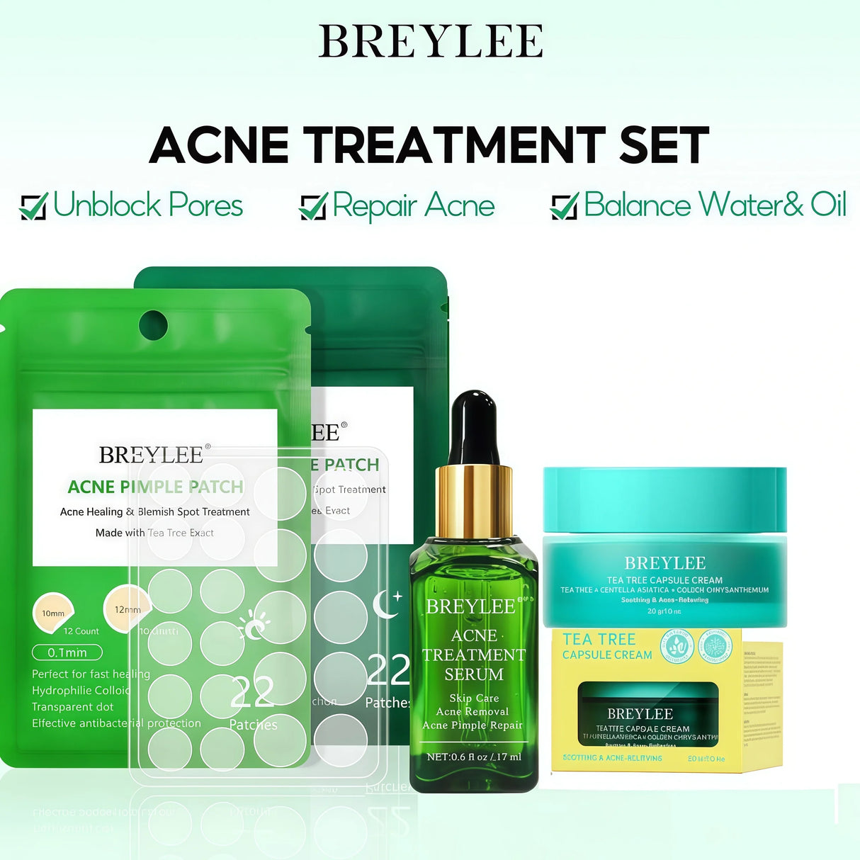 BREYLEE Tea Tree Essence Face Cream Acne Patch 4-Piece Set, Balances Oil And Water, Treats Acne